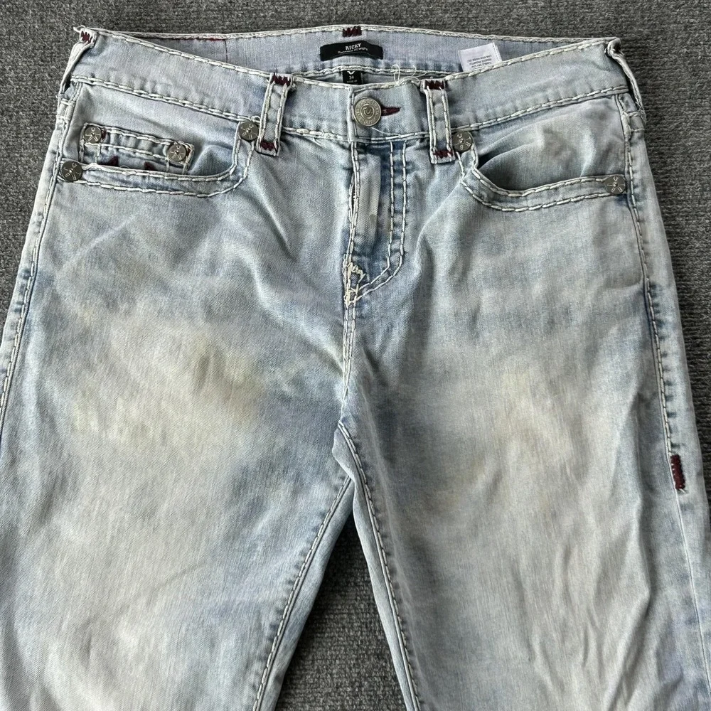 True Religion Ricky Jeans Mens 34x34 Blue Light Wash Straight Lot 2‎ No Flap